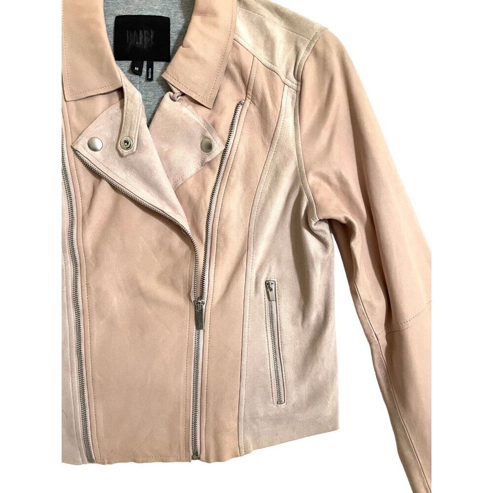 Paige Silvie Leather Moto Jacket Cropped Trim Pink Suede Leather Sz M - Picture 10 of 16